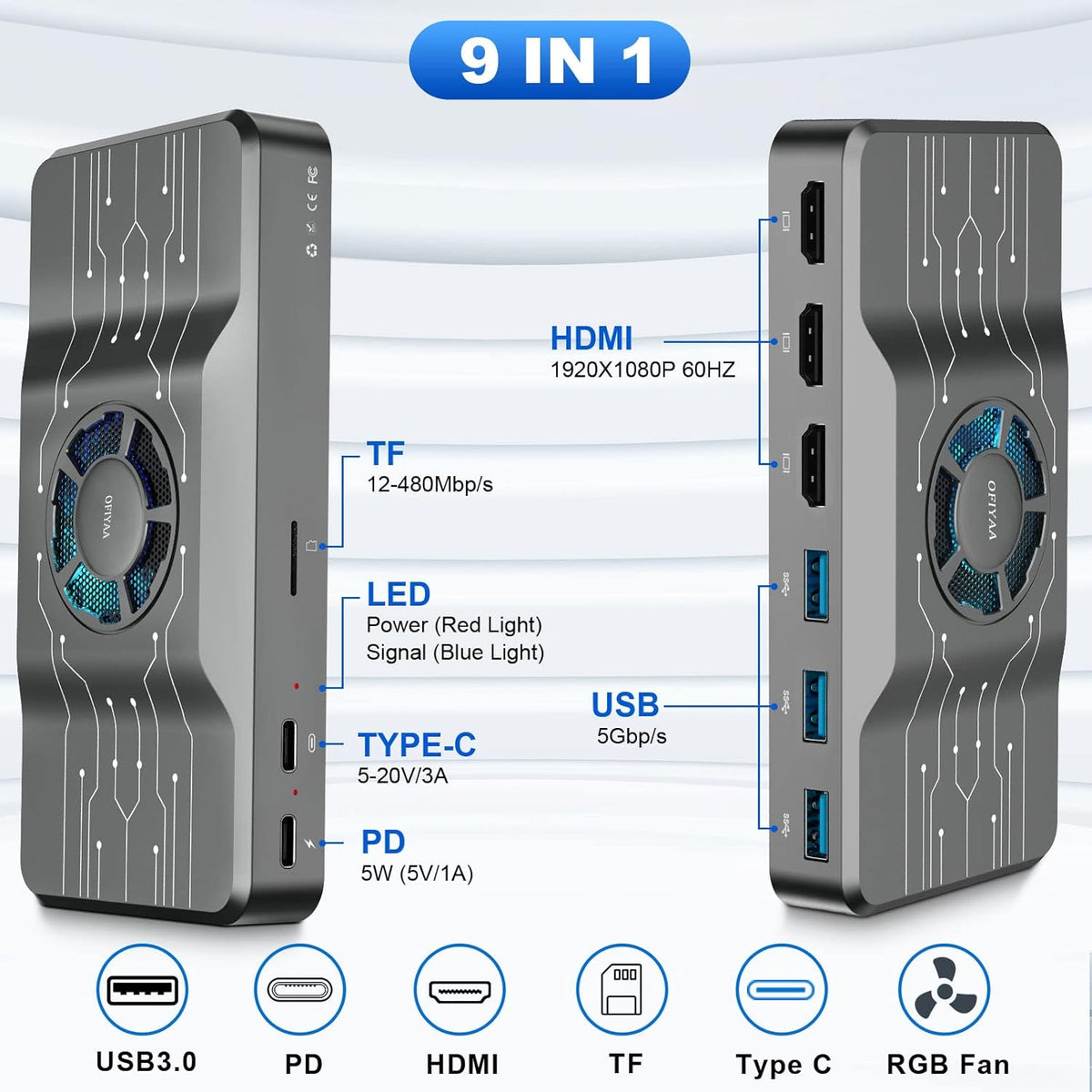 USB 3.0 Docking Station with RGB Cooling Fan I200