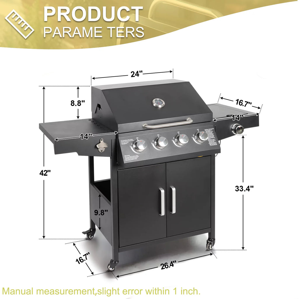 4-Burner Propane Gas Grill with Side Burner E9216
