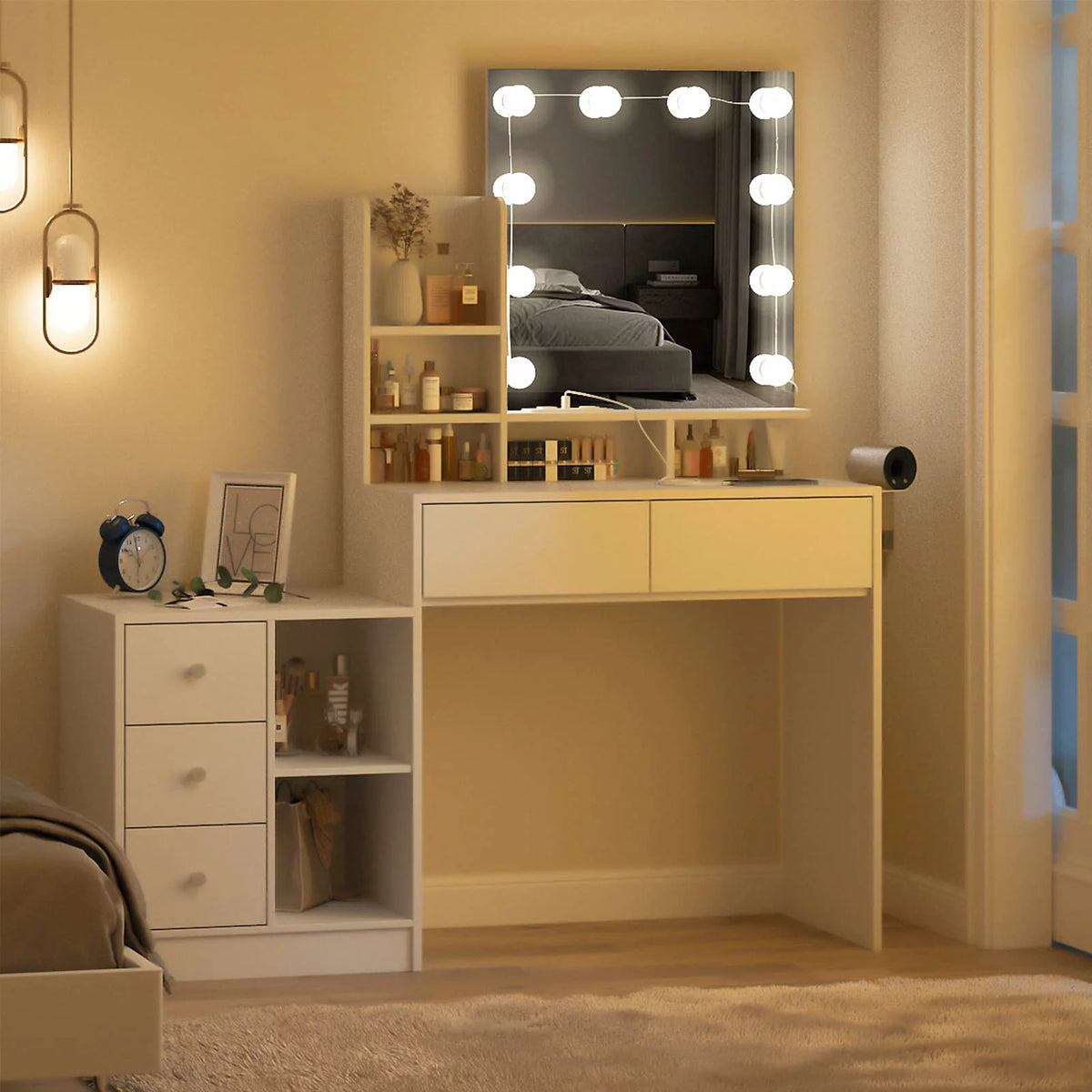 White Makeup Vanity with Lights and Mirror T3858
