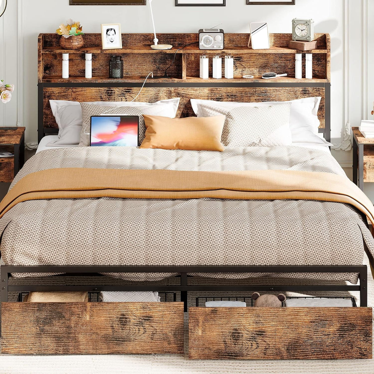Full Size Metal Platform Bed with Bookcase Headboard and Drawer R59975