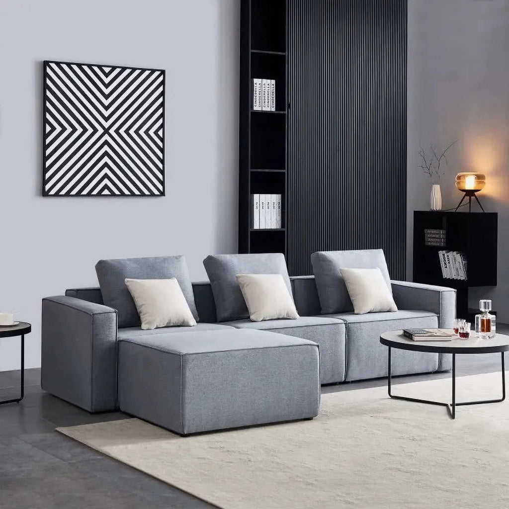 L-Shape Linen Sectional Sofa with Ottoman E30739