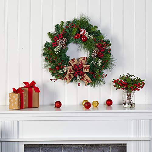24in. Artificial Christmas Pine Wreath with Pine Cones and Ornaments O827