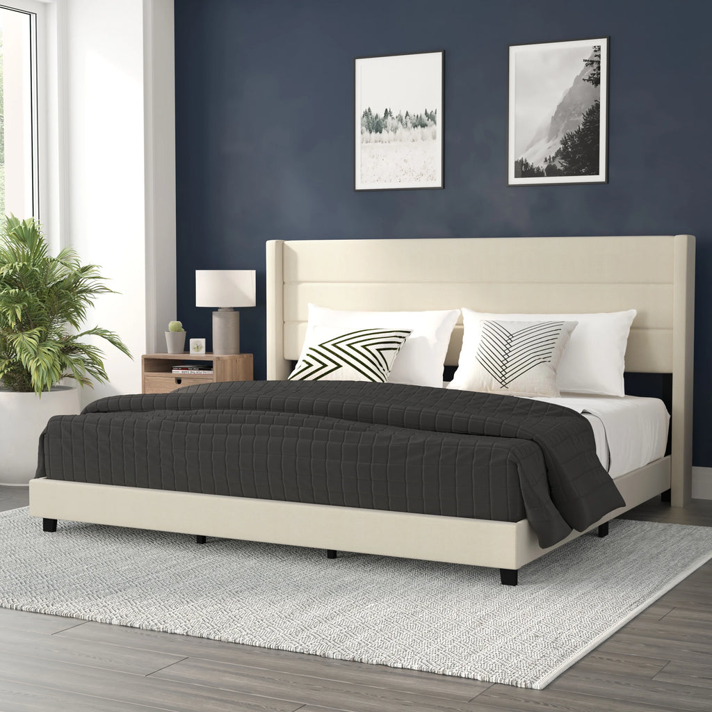 Beige Faux Linen King Upholstered Platform Bed with Wingback Headboard G927571