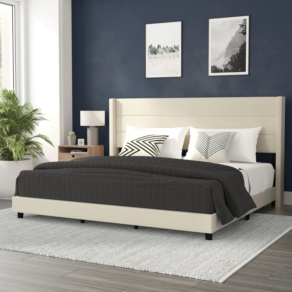 Beige Faux Linen King Upholstered Platform Bed with Wingback Headboard G927571
