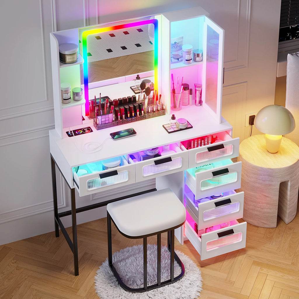 White Vanity with Lights and 6 Drawers Q796831